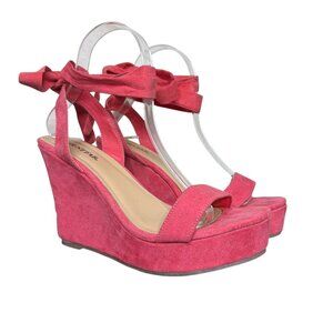 JustFab "Trina" Coral Colored Wedge Sandals, Lace-Up Tie, 4" Heel, Size 8